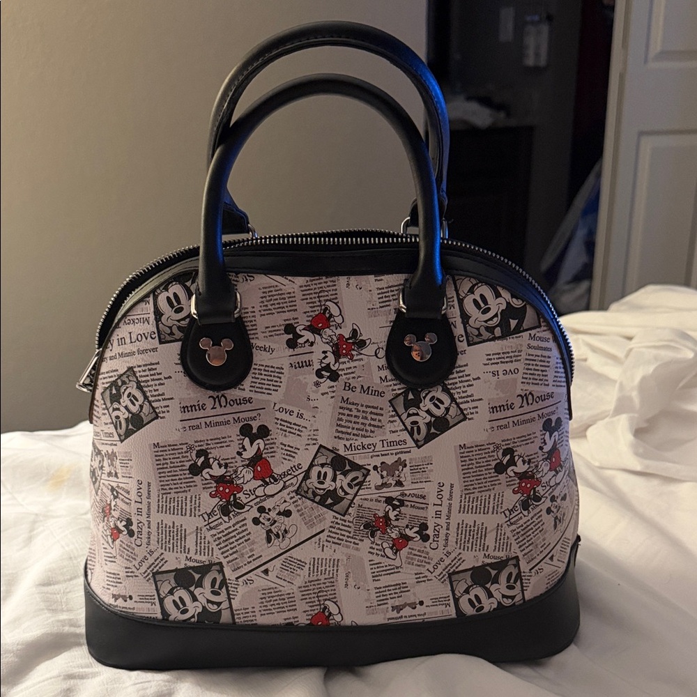 Disney Mickey Mouse Newspaper Print Satchel - Black and White